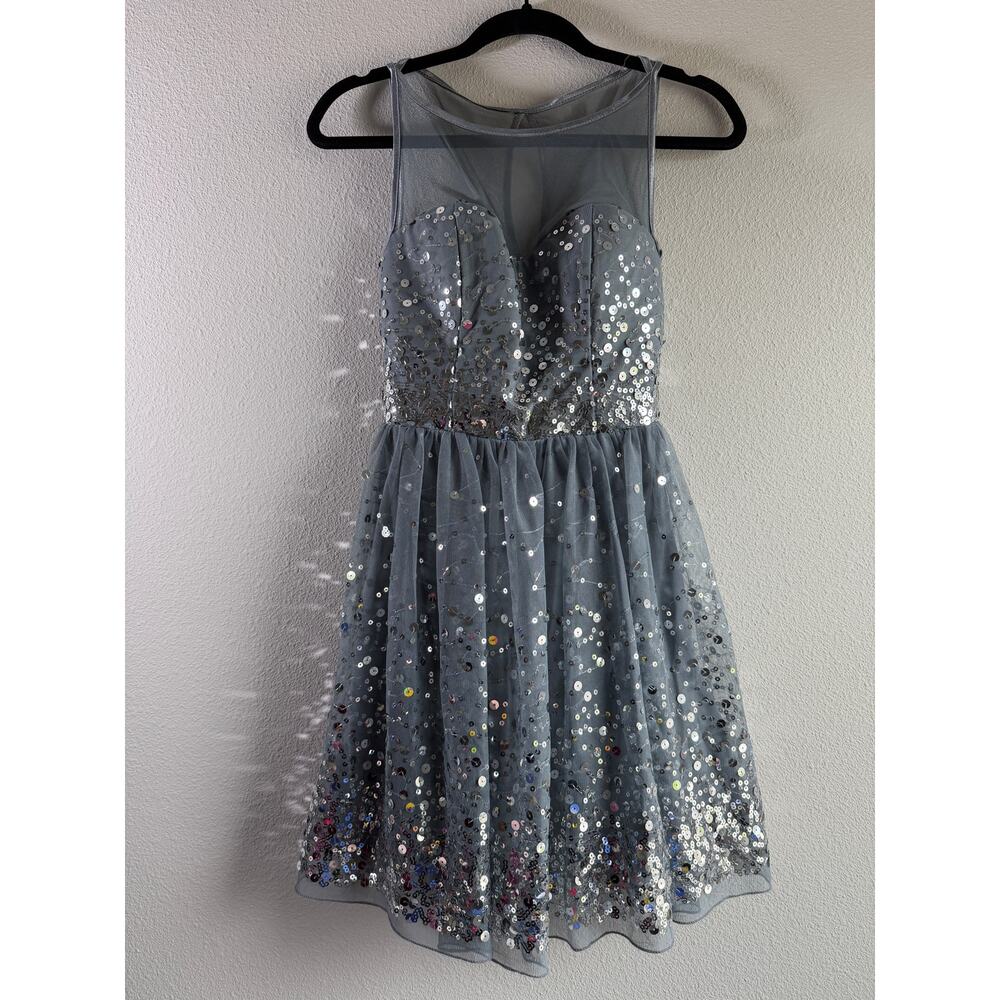 VTG Deb Y2K Sparkly Grey Mini Party Cocktail Dress Juniors Size 3 Spring Wedding